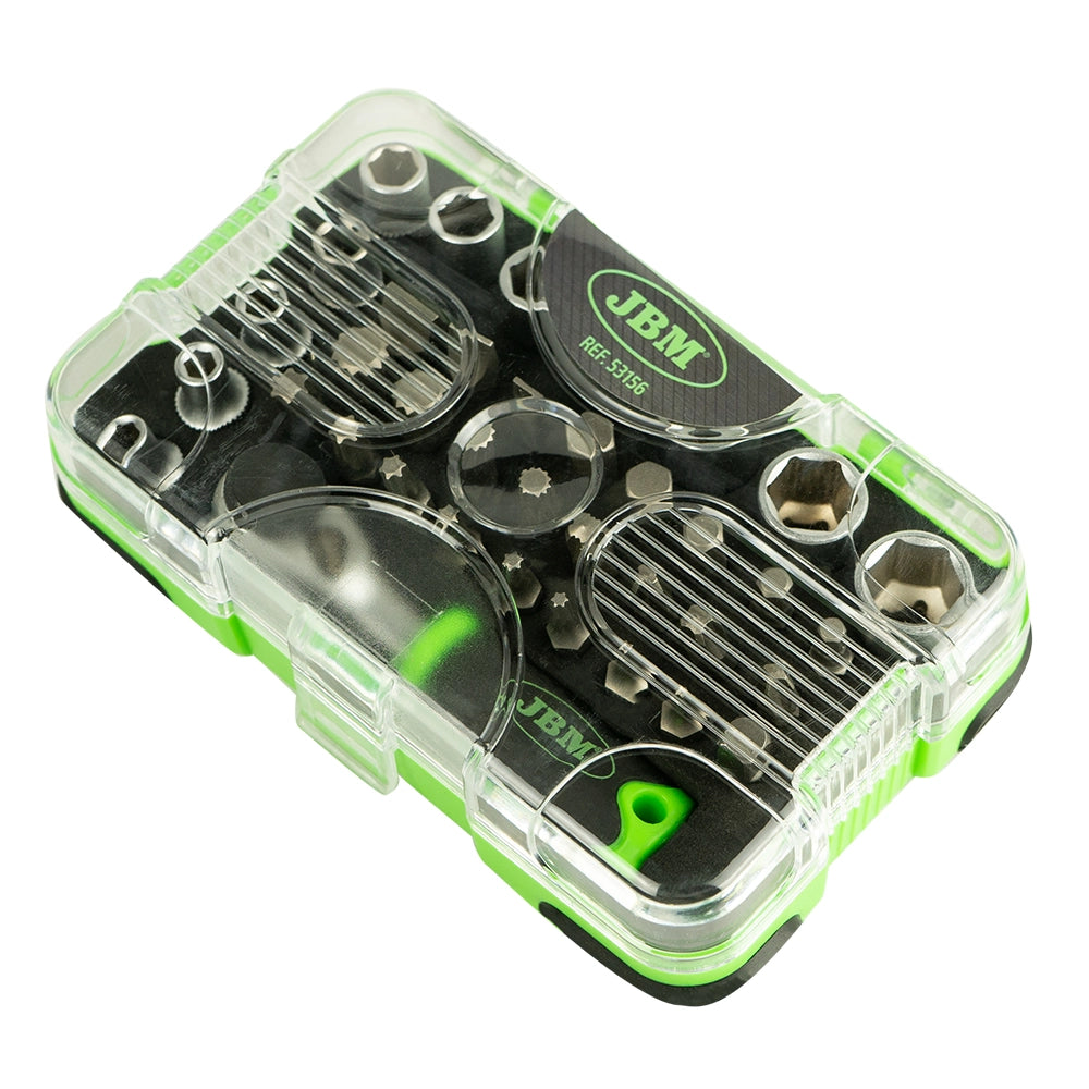 Valigetta portautensili con 38 pezzi e bussole + cricchetto mini da 1/4