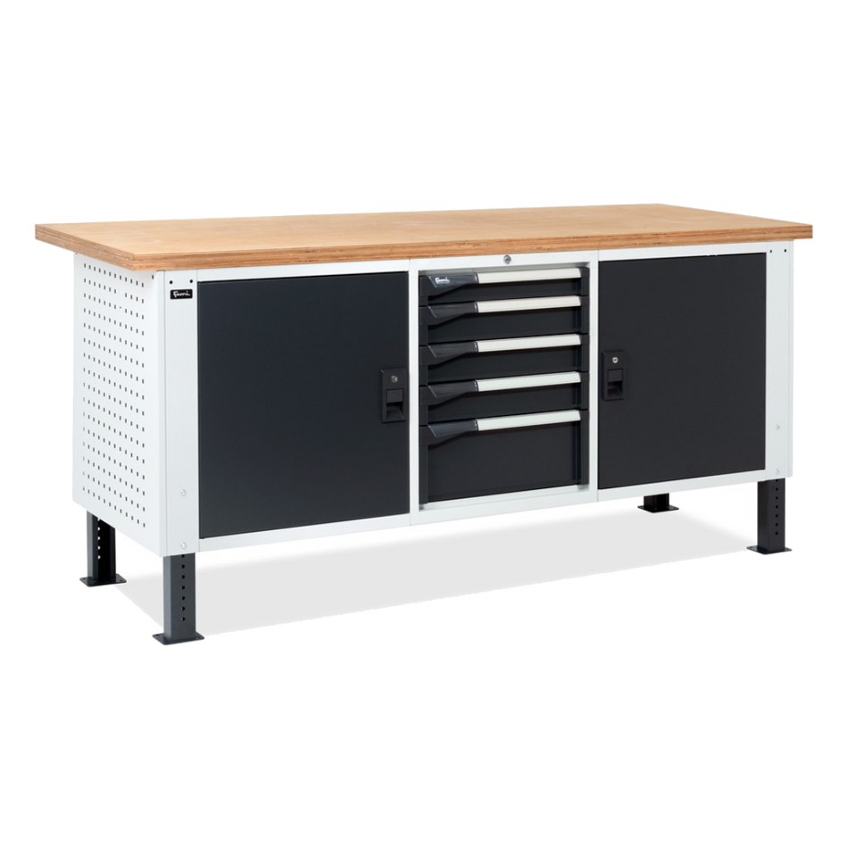 MASTERBR2003, Banco da lavoro con 1 armadio a cassetti con 5 cassetti e 2 armadi con porta