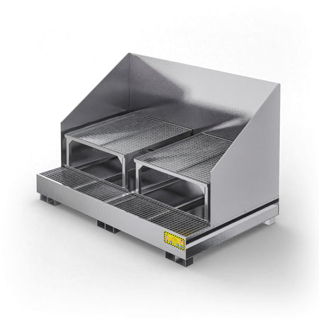 Vasca inclinata di raccolta in metallo con paraspruzzi per 2 cisternette da 1000 LT IBC