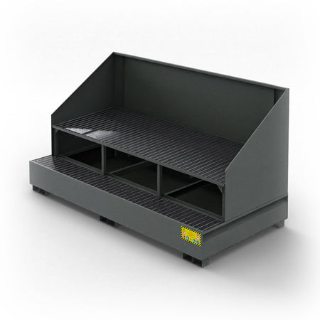 Vasca inclinata di raccolta in metallo con paraspruzzi per 3 cisternette da 1000 LT IBC