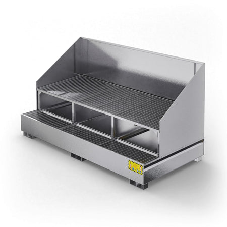 Vasca inclinata di raccolta in metallo con paraspruzzi per 3 cisternette da 1000 LT IBC