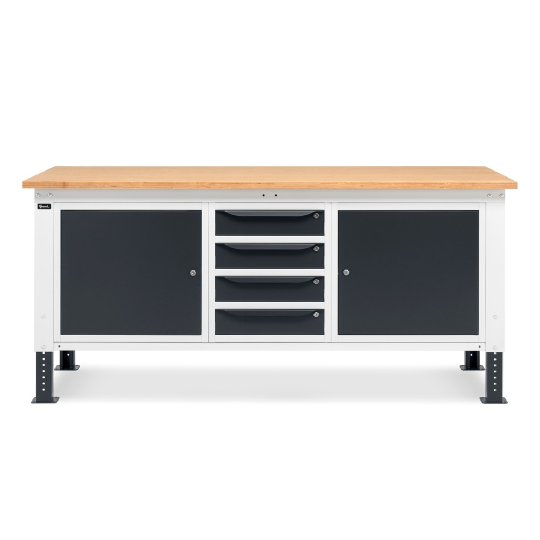 WORK20, Banco da lavoro con 1 armadio a 4 cassetti e 2 armadi con porta