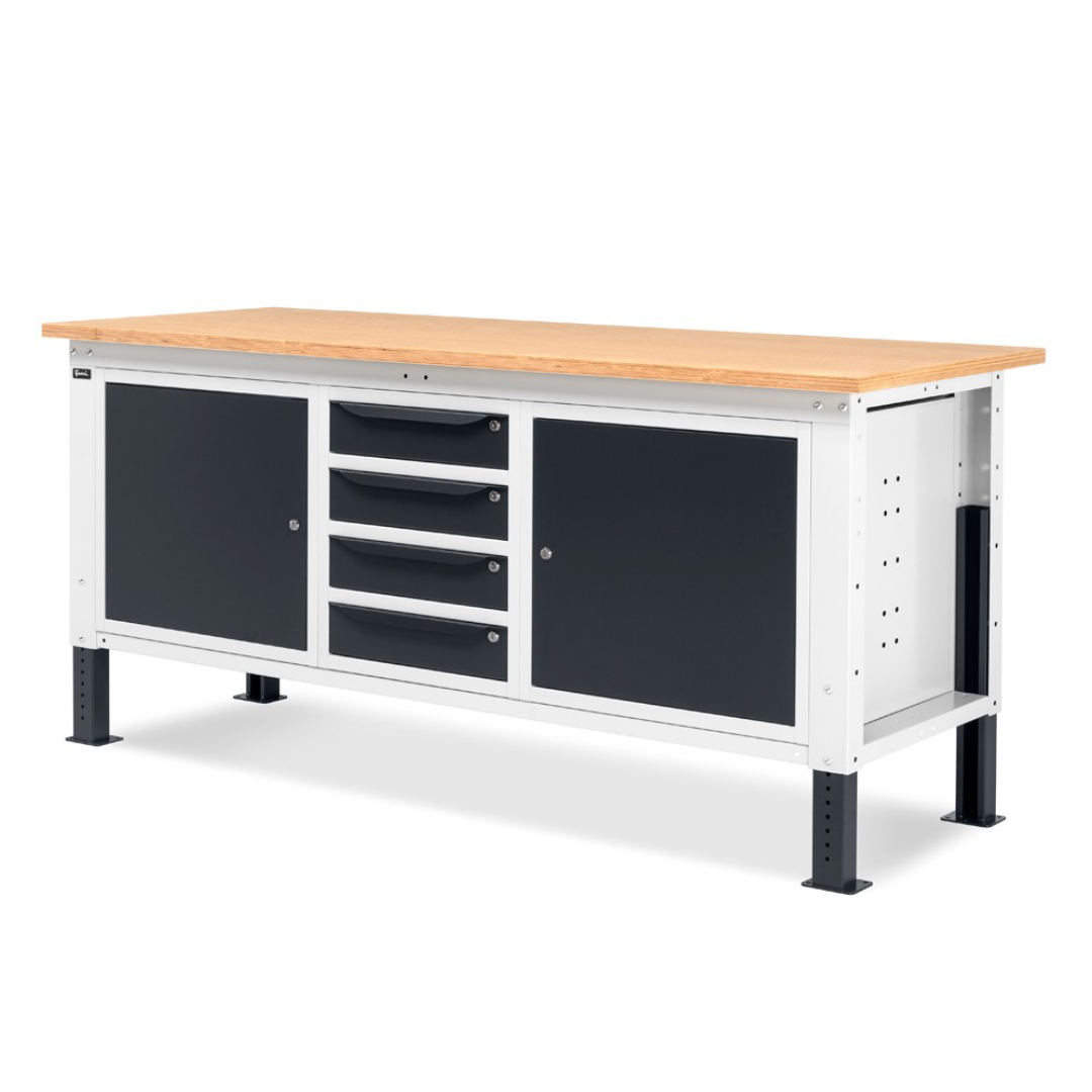 WORK20, Banco da lavoro con 1 armadio a 4 cassetti e 2 armadi con porta
