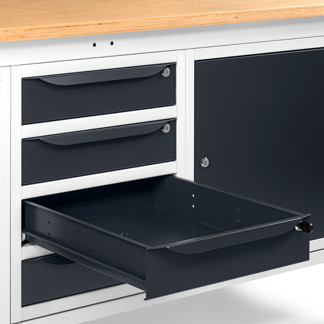 WORK20, Banco da lavoro con 1 armadio a 4 cassetti e 2 armadi con porta