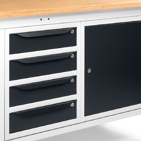 WORK20, Banco da lavoro con 1 armadio a 4 cassetti e 2 armadi con porta