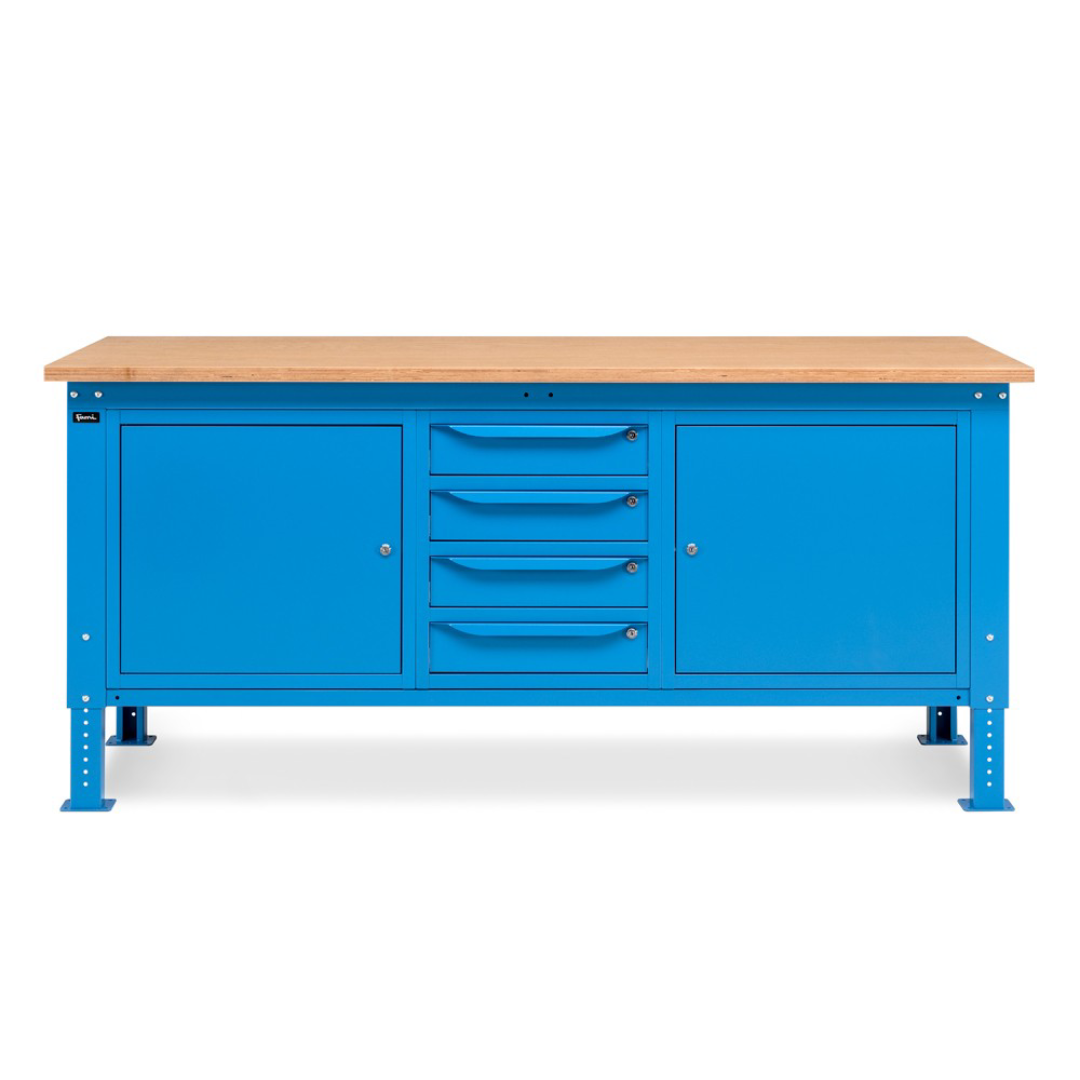 WORK20, Banco da lavoro con 1 armadio a 4 cassetti e 2 armadi con porta