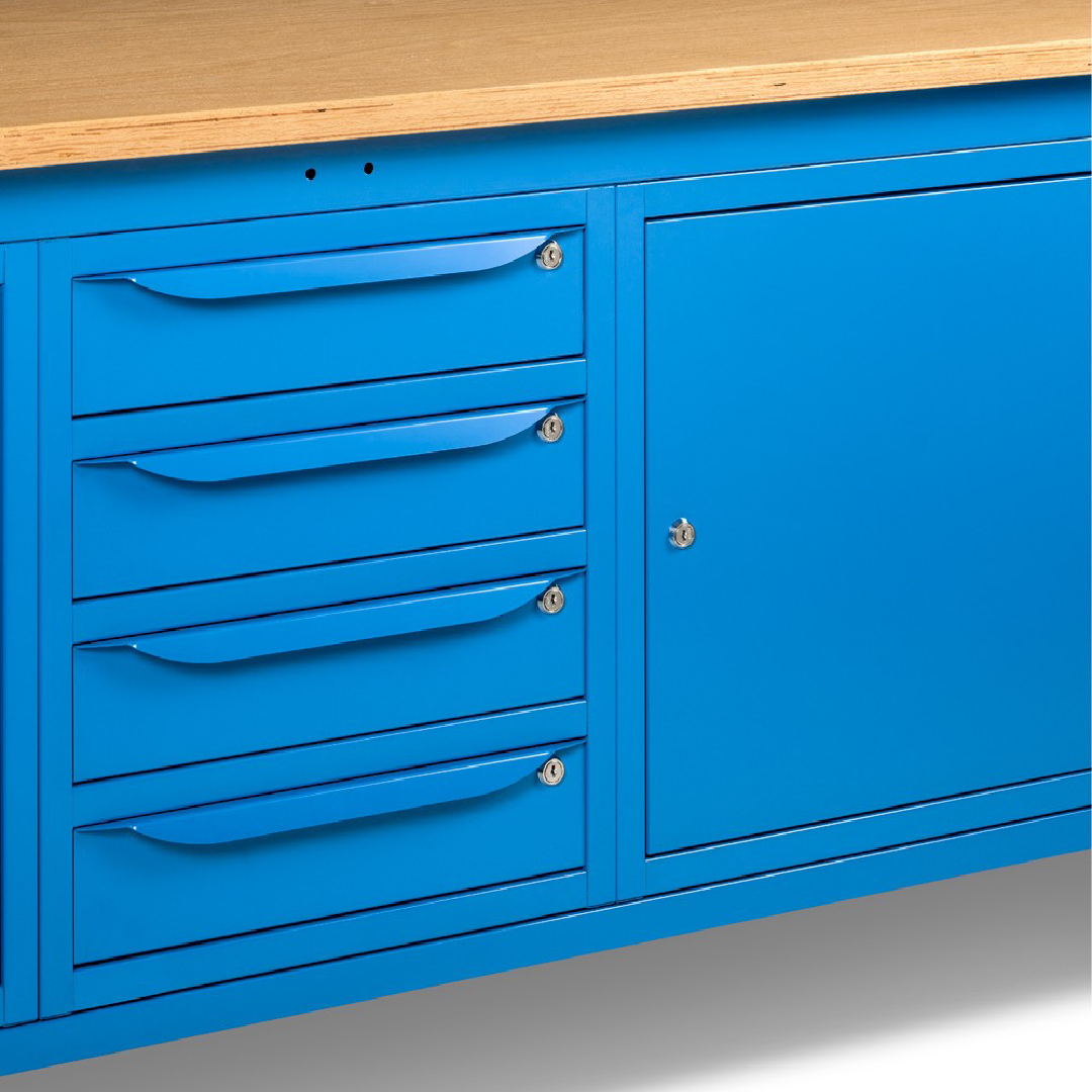 WORK20, Banco da lavoro con 1 armadio a 4 cassetti e 2 armadi con porta