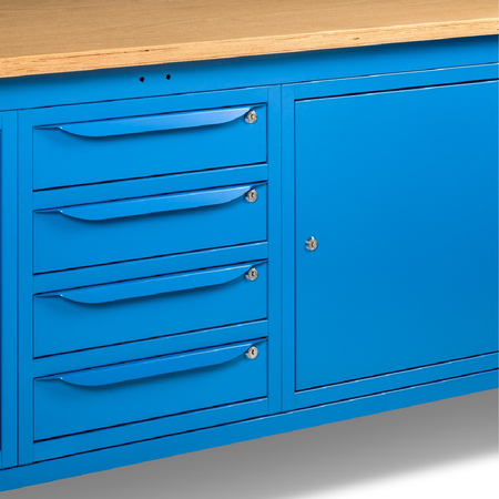 WORK20, Banco da lavoro con 1 armadio a 4 cassetti e 2 armadi con porta