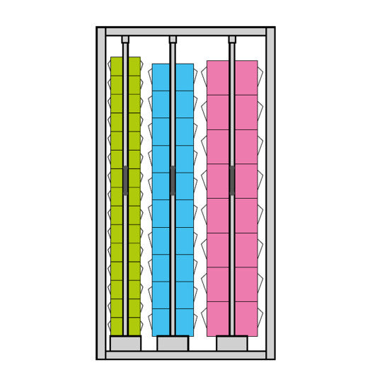 Practibox-Schrank mit 3 vertikalen Schubladen und 344 Kippboxen - 1119x705x2000