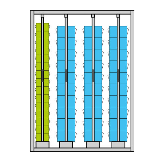 Practibox-Schrank mit 4 vertikalen Schubladen und 480 Kippboxen - 1527x705x2000