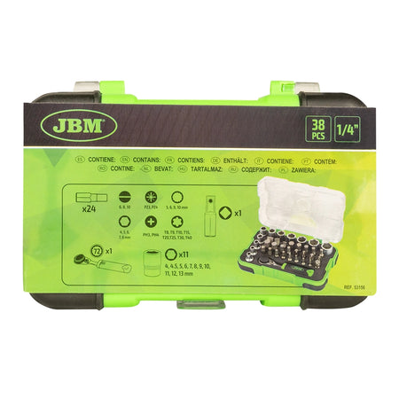 Valigetta portautensili con 38 pezzi e bussole + cricchetto mini da 1/4