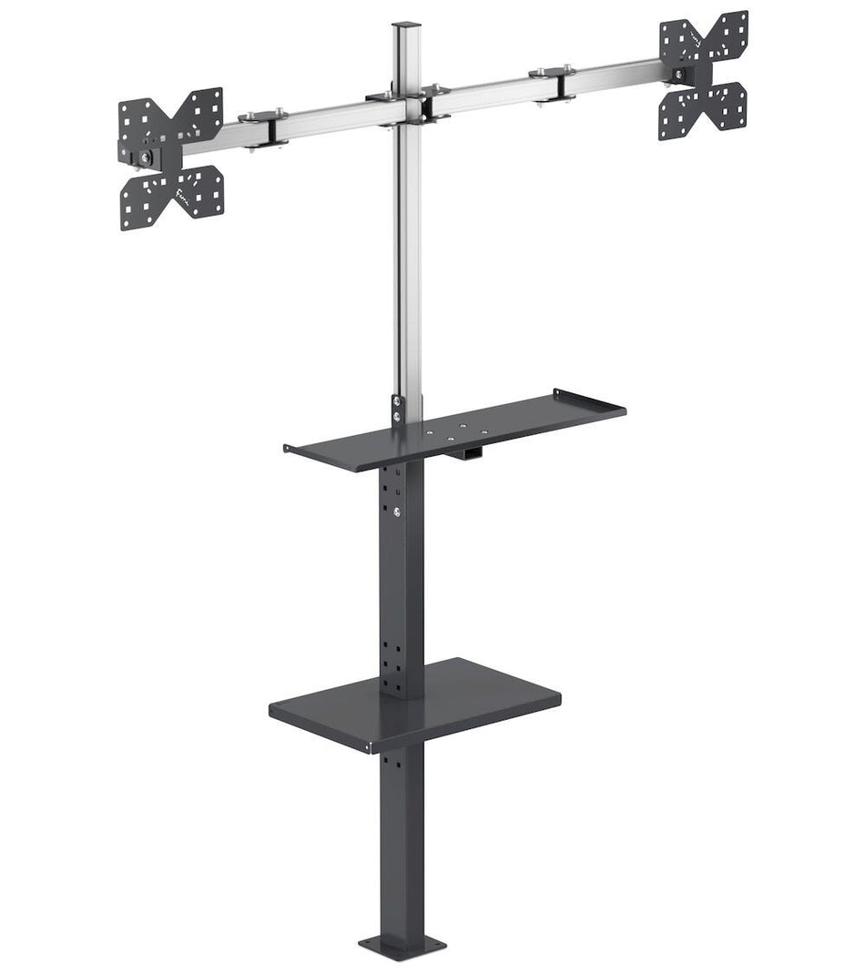 Vertical upright with keyboard holder, double monitor arm and shelf for objects - dim. mm L=1474 D=378 H=1859