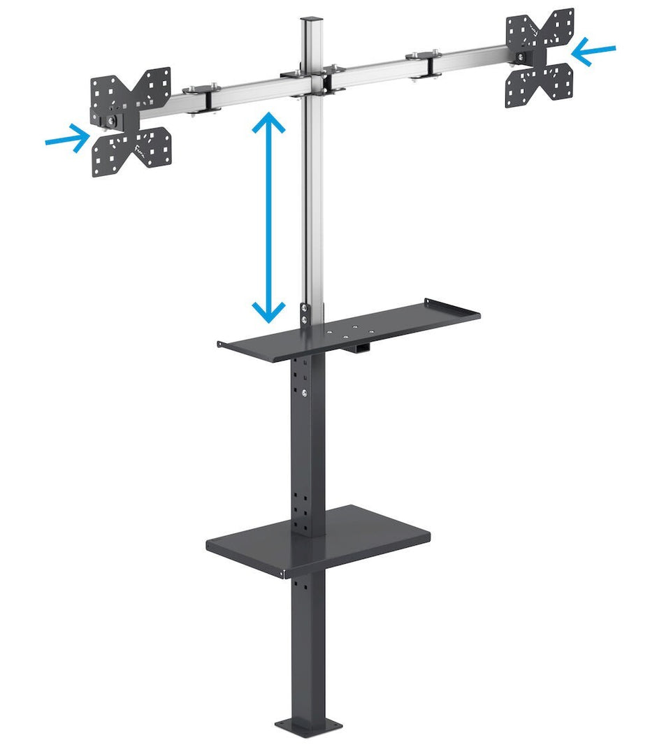 Vertical upright with keyboard holder, double monitor arm and shelf for objects - dim. mm L=1474 D=378 H=1859