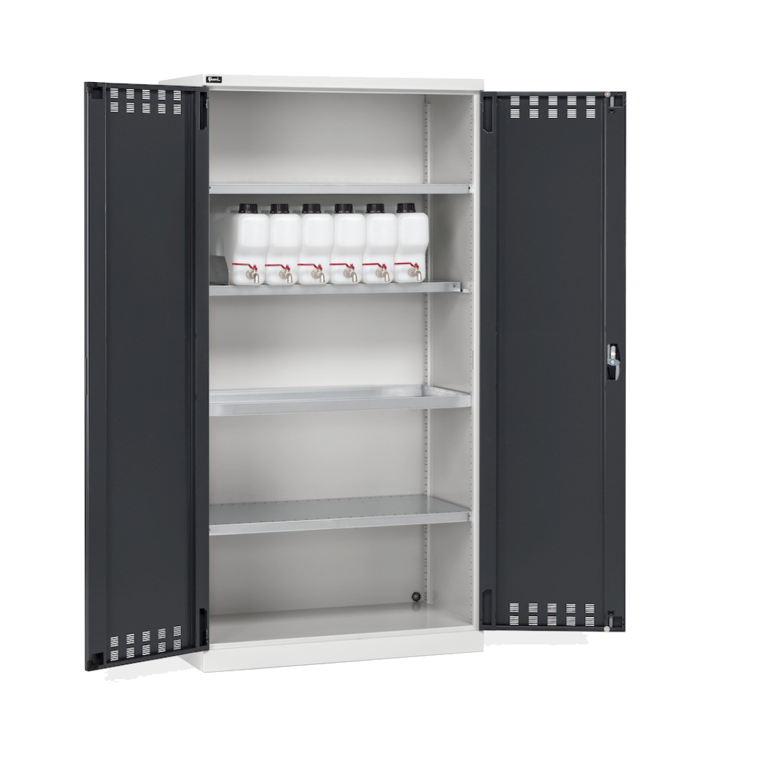 PERFOM140, Armadio 2 ante a battente fessurate, 3 piani fessurati, 6 taniche, 1 vasca interna, L1023 x P555 x H2000 mm