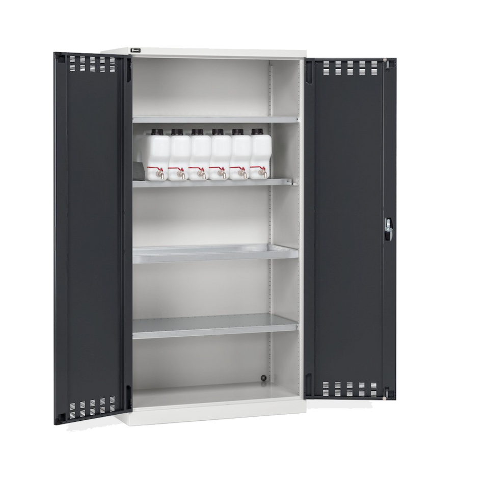 PERFOM140, Armadio 2 ante a battente fessurate, 3 piani fessurati, 6 taniche, 1 vasca interna, L1023 x P555 x H2000 mm