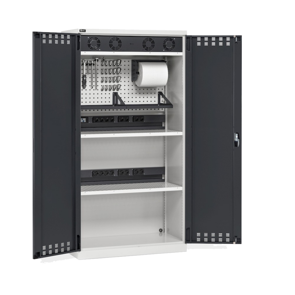 PERFOM140, Armadio caricabatterie con griglia areazione, pannelli forati, accessori, L1023 x P555 x H2000