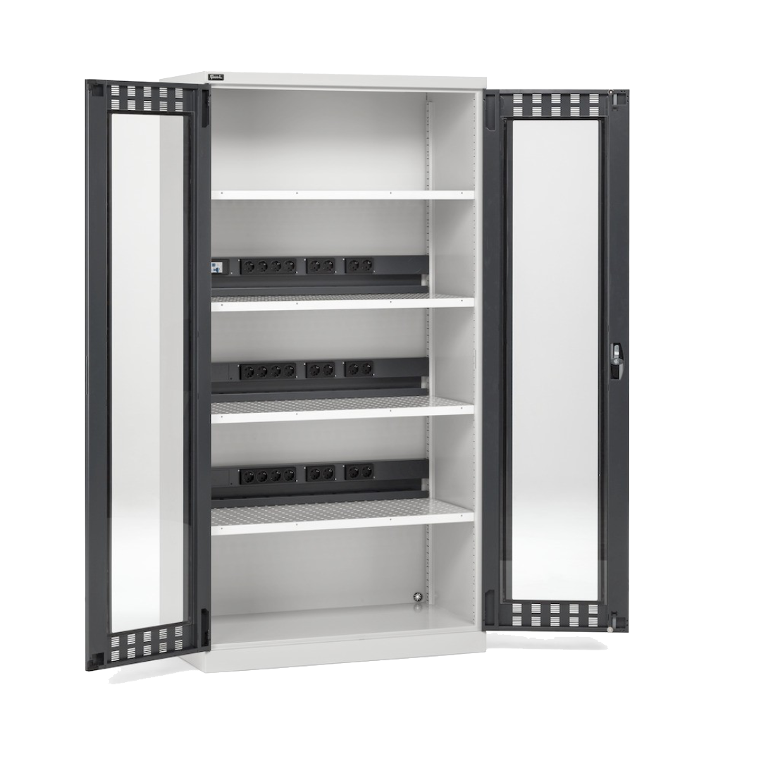 PERFOM140, Armadio caricabatterie con ante in policarbonato, 4 piani/pannelli forati, L1023 x P555 x H2000 mm