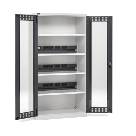 PERFOM140, Armadio caricabatterie con ante in policarbonato, 4 piani/pannelli forati, L1023 x P555 x H2000 mm