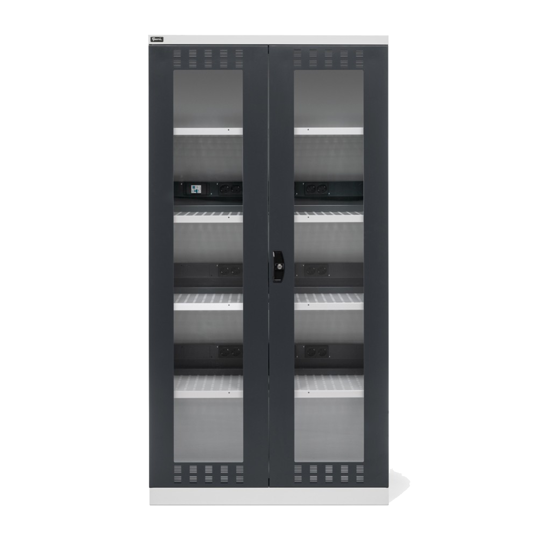 PERFOM140, Armadio caricabatterie con ante in policarbonato, 4 piani/pannelli forati, L1023 x P555 x H2000 mm