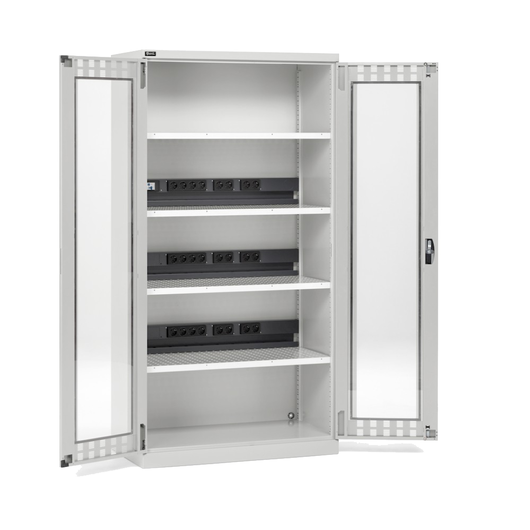 PERFOM140, Armadio caricabatterie con ante in policarbonato, 4 piani/pannelli forati, L1023 x P555 x H2000 mm