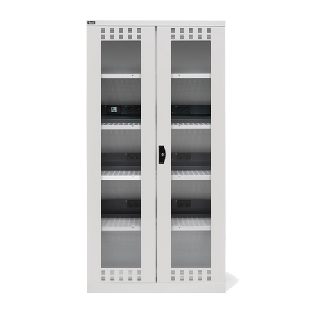 PERFOM140, Armadio caricabatterie con ante in policarbonato, 4 piani/pannelli forati, L1023 x P555 x H2000 mm