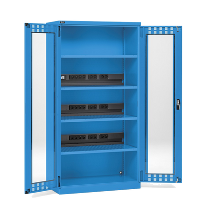 PERFOM140, Armadio caricabatterie con ante in policarbonato, 4 piani/pannelli forati, L1023 x P555 x H2000 mm
