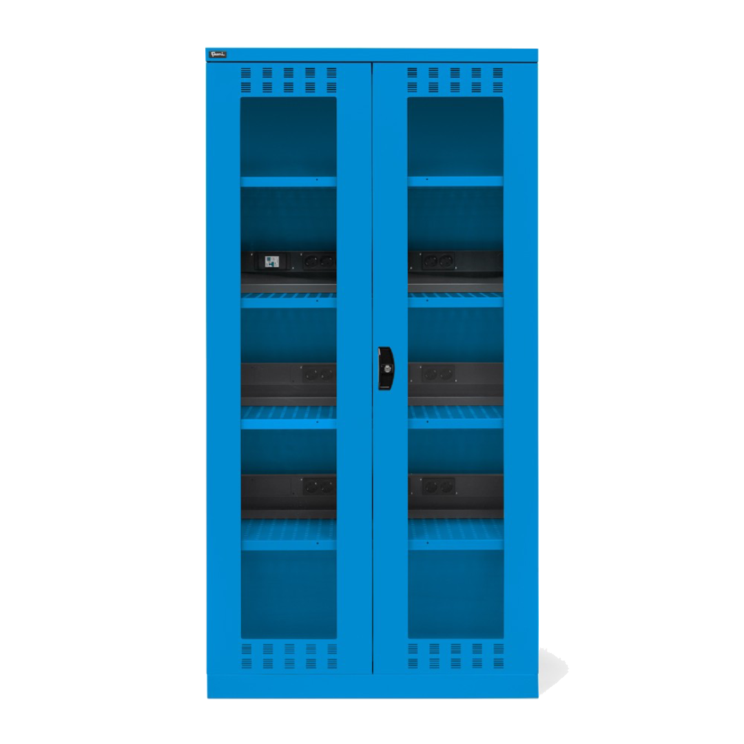 PERFOM140, Armadio caricabatterie con ante in policarbonato, 4 piani/pannelli forati, L1023 x P555 x H2000 mm