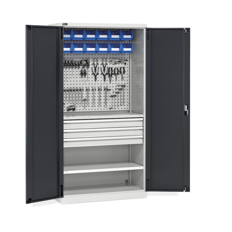 PERFOM140, Armadio portautensili, ante a battente, cassetti, piani, contenitori e ganci, L1023 x P555 x H2000 mm