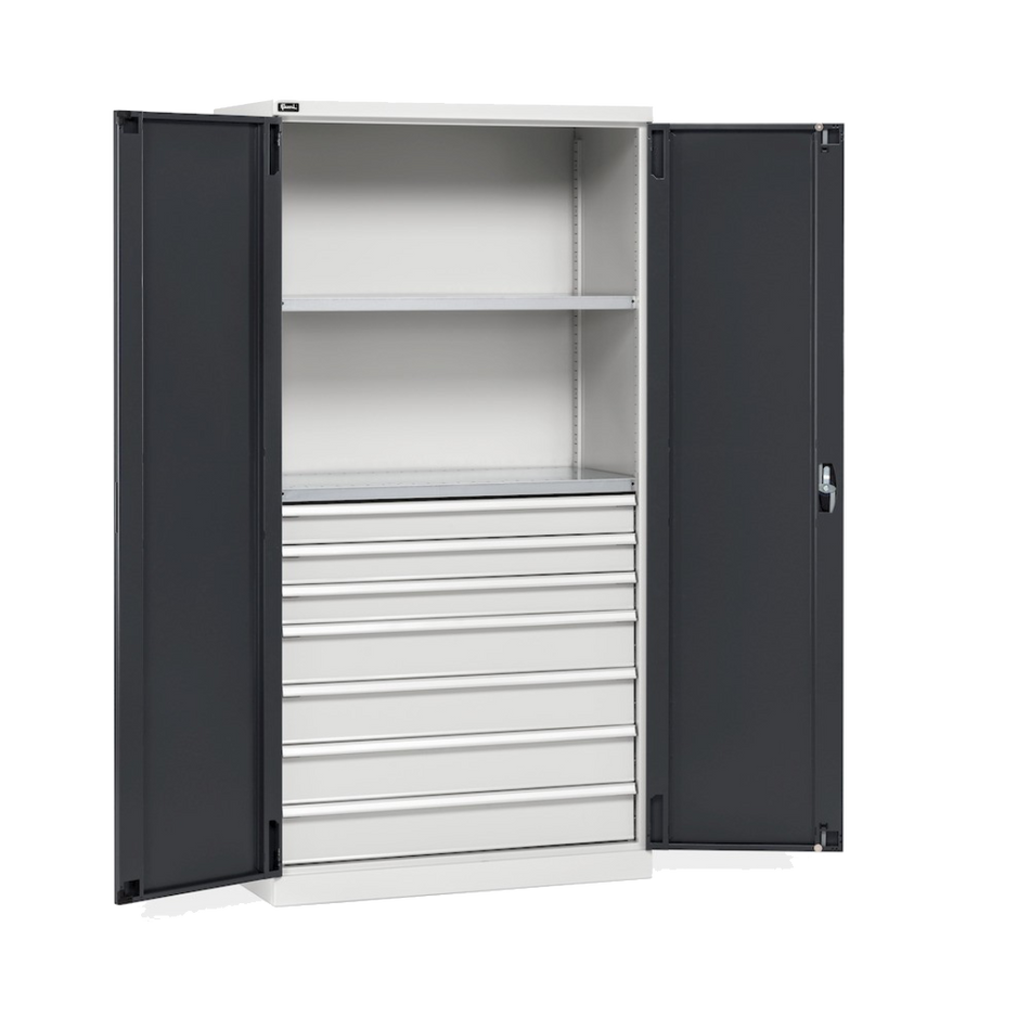 PERFOM140, Armadio 2 ante a battente, 2 ripiani, 7 cassetti, L1023 x P555 x H2000 mm