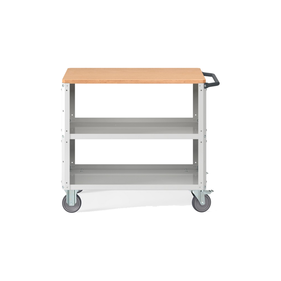 CLEVER10, Carrello a ripiani con ruote, piano in legno, piano aggiuntivo e pannelli forati