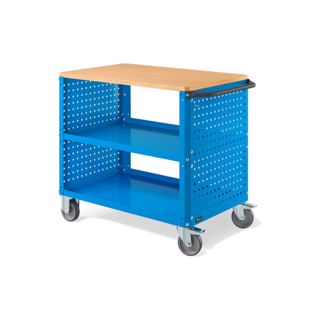 CLEVER10, Carrello a ripiani con ruote, piano in legno, piano aggiuntivo e pannelli forati