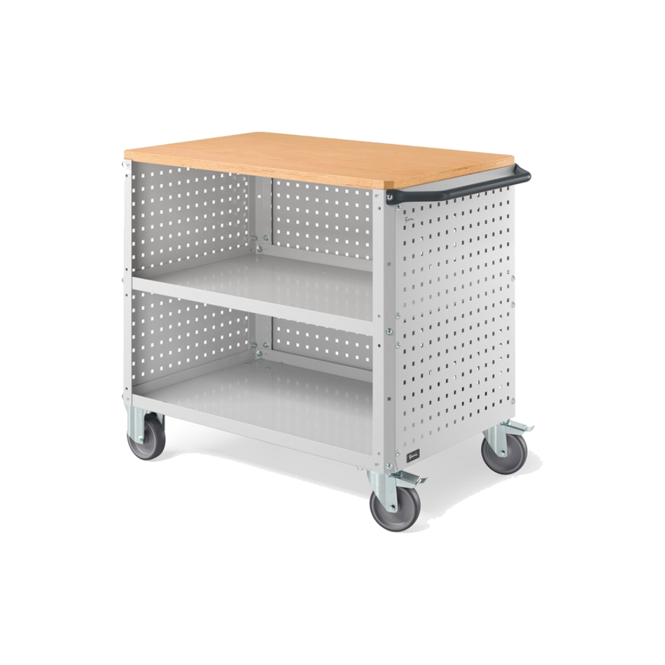 CLEVER10, Carrello a ripiani con ruote, piano in legno, piano aggiuntivo, pannelli forati e pannello forato posteriore