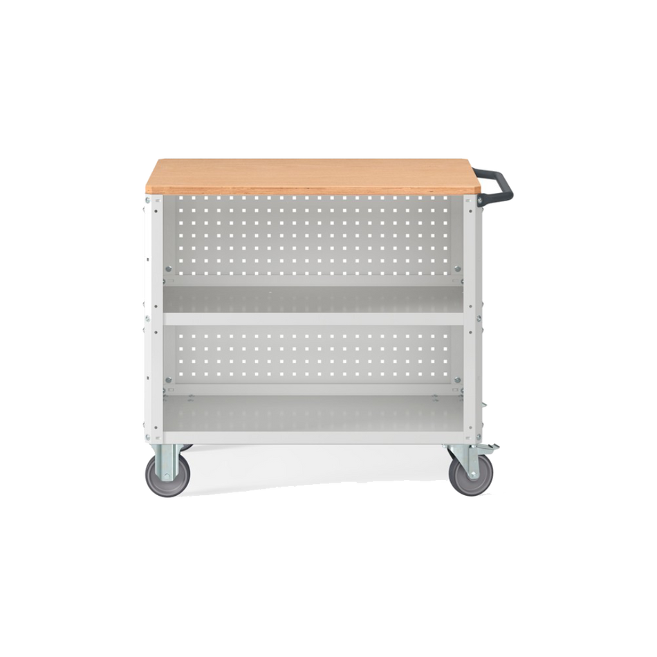 CLEVER10, Carrello a ripiani con ruote, piano in legno, piano aggiuntivo, pannelli forati e pannello forato posteriore