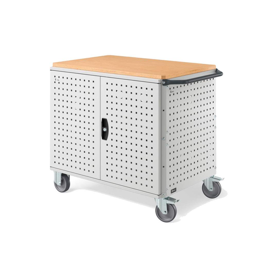 CLEVER10, Carrello a ripiani con ruote, piano in legno, piano aggiuntivo, pannelli forati e porte