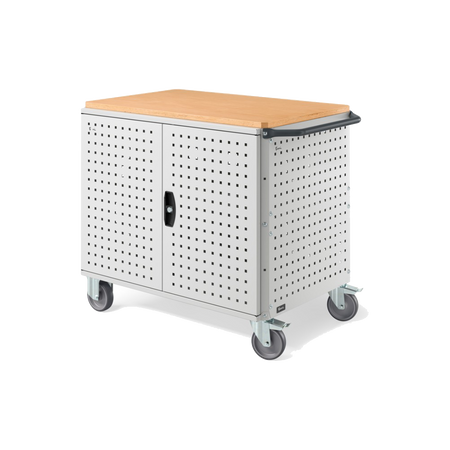 CLEVER10, Carrello a ripiani con ruote, piano in legno, piano aggiuntivo, pannelli forati e porte