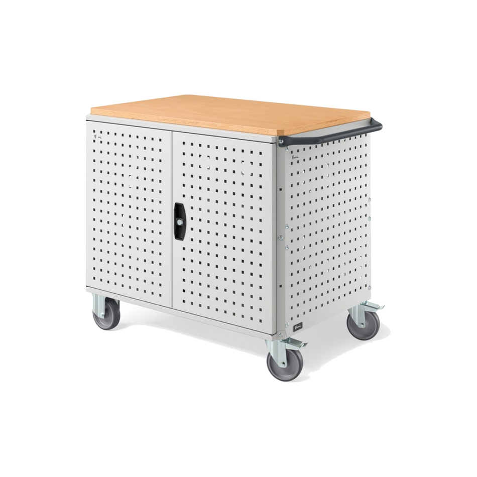 CLEVER10, Carrello a ripiani con ruote, piano in legno, piano aggiuntivo, pannelli forati e porte