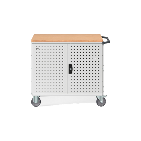 CLEVER10, Carrello a ripiani con ruote, piano in legno, piano aggiuntivo, pannelli forati e porte