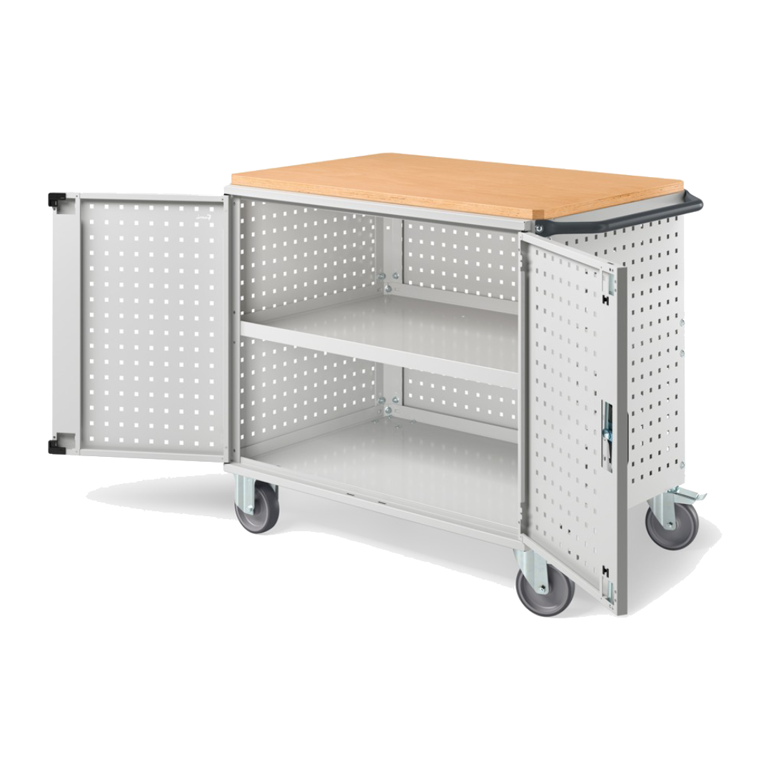 CLEVER10, Carrello a ripiani con ruote, piano in legno, piano aggiuntivo, pannelli forati e porte