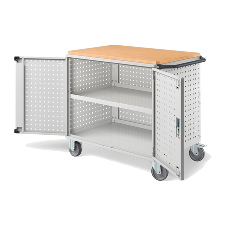 CLEVER10, Carrello a ripiani con ruote, piano in legno, piano aggiuntivo, pannelli forati e porte