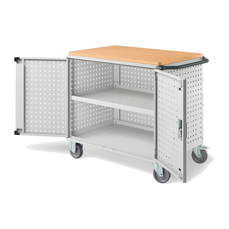 CLEVER10, Carrello a ripiani con ruote, piano in legno, piano aggiuntivo, pannelli forati e porte