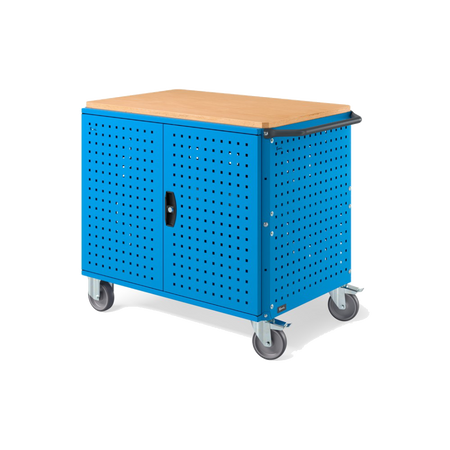CLEVER10, Carrello a ripiani con ruote, piano in legno, piano aggiuntivo, pannelli forati e porte