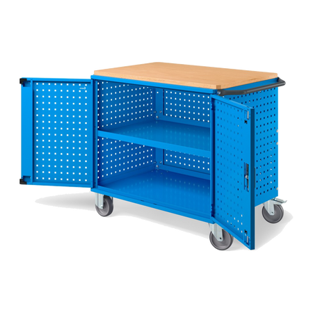 CLEVER10, Carrello a ripiani con ruote, piano in legno, piano aggiuntivo, pannelli forati e porte