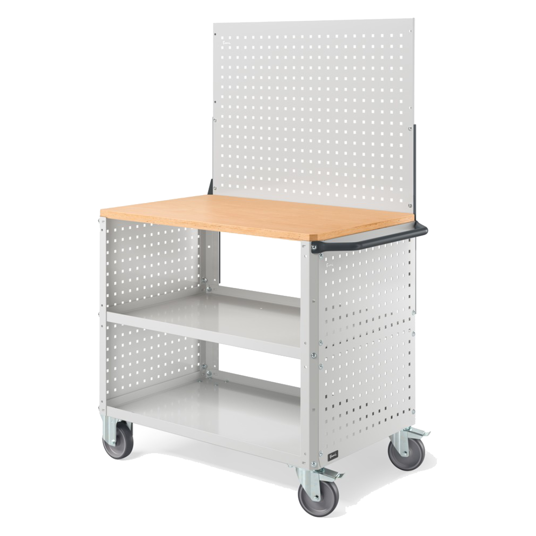 CLEVER10, Carrello a ripiani con ruote, piano in legno, piano aggiuntivo, pannelli forati e parete forata