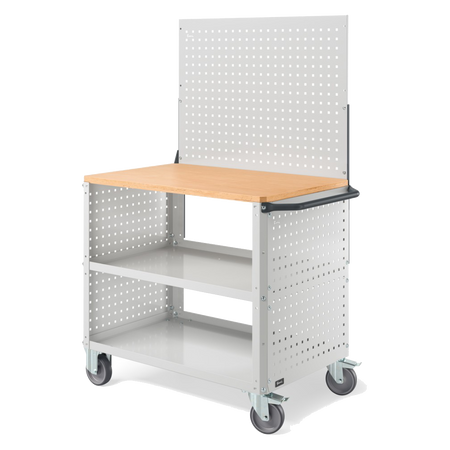 CLEVER10, Carrello a ripiani con ruote, piano in legno, piano aggiuntivo, pannelli forati e parete forata