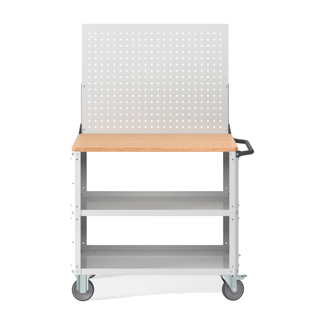 CLEVER10, Carrello a ripiani con ruote, piano in legno, piano aggiuntivo, pannelli forati e parete forata