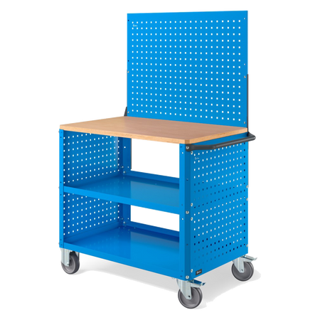 CLEVER10, Carrello a ripiani con ruote, piano in legno, piano aggiuntivo, pannelli forati e parete forata