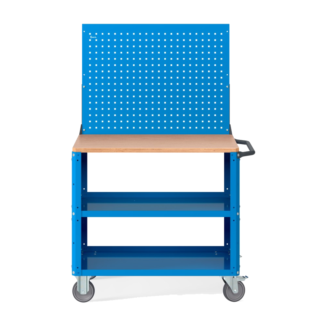 CLEVER10, Carrello a ripiani con ruote, piano in legno, piano aggiuntivo, pannelli forati e parete forata