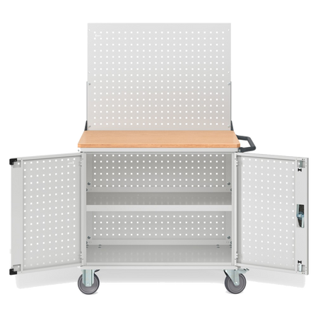 CLEVER10, Carrello a ripiani con ruote, piano in legno, piano aggiuntivo, pannelli e parete forati, coppia porte