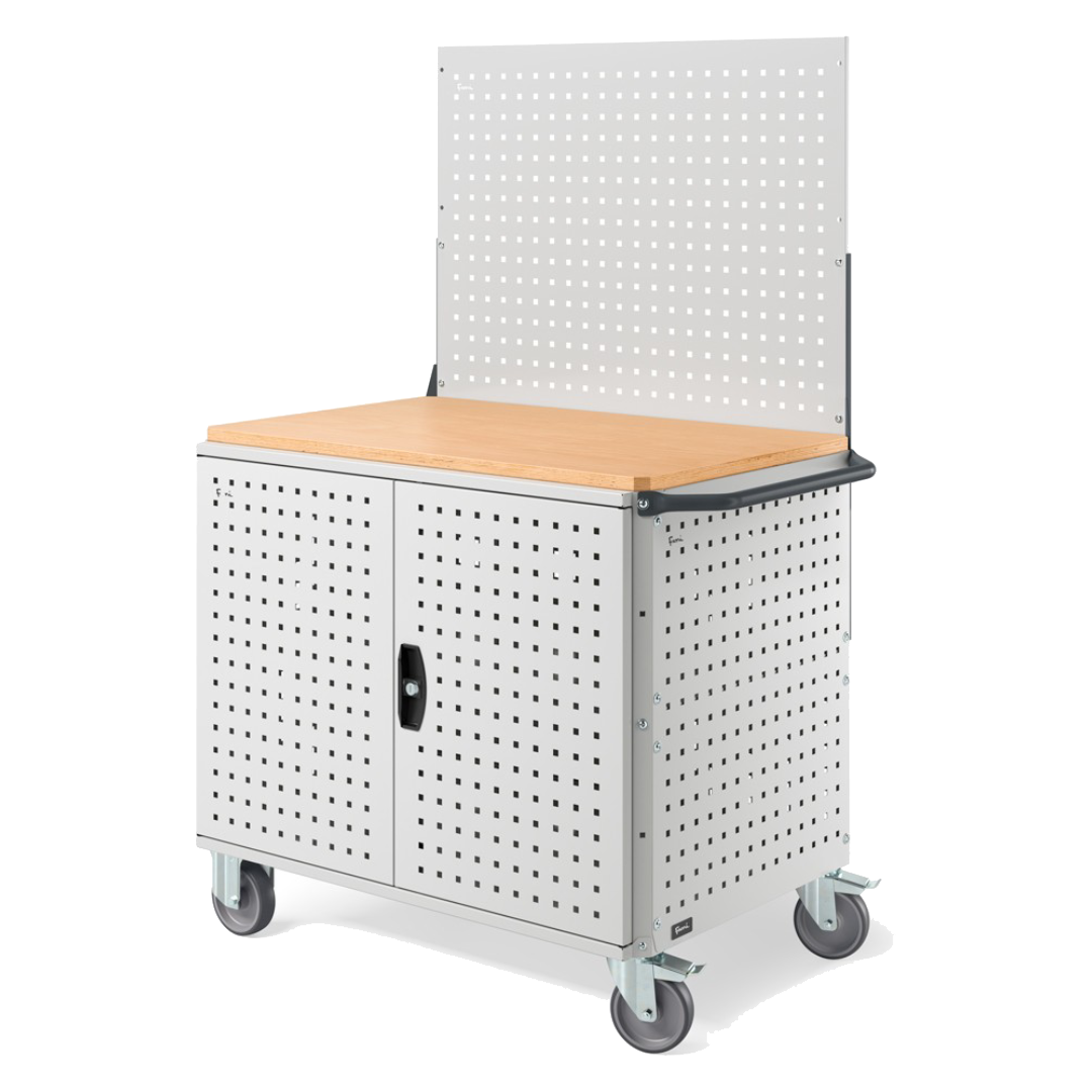 CLEVER10, Carrello a ripiani con ruote, piano in legno, piano aggiuntivo, pannelli e parete forati, coppia porte