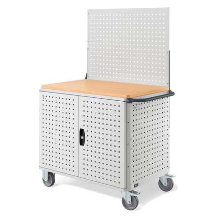 CLEVER10, Carrello a ripiani con ruote, piano in legno, piano aggiuntivo, pannelli e parete forati, coppia porte